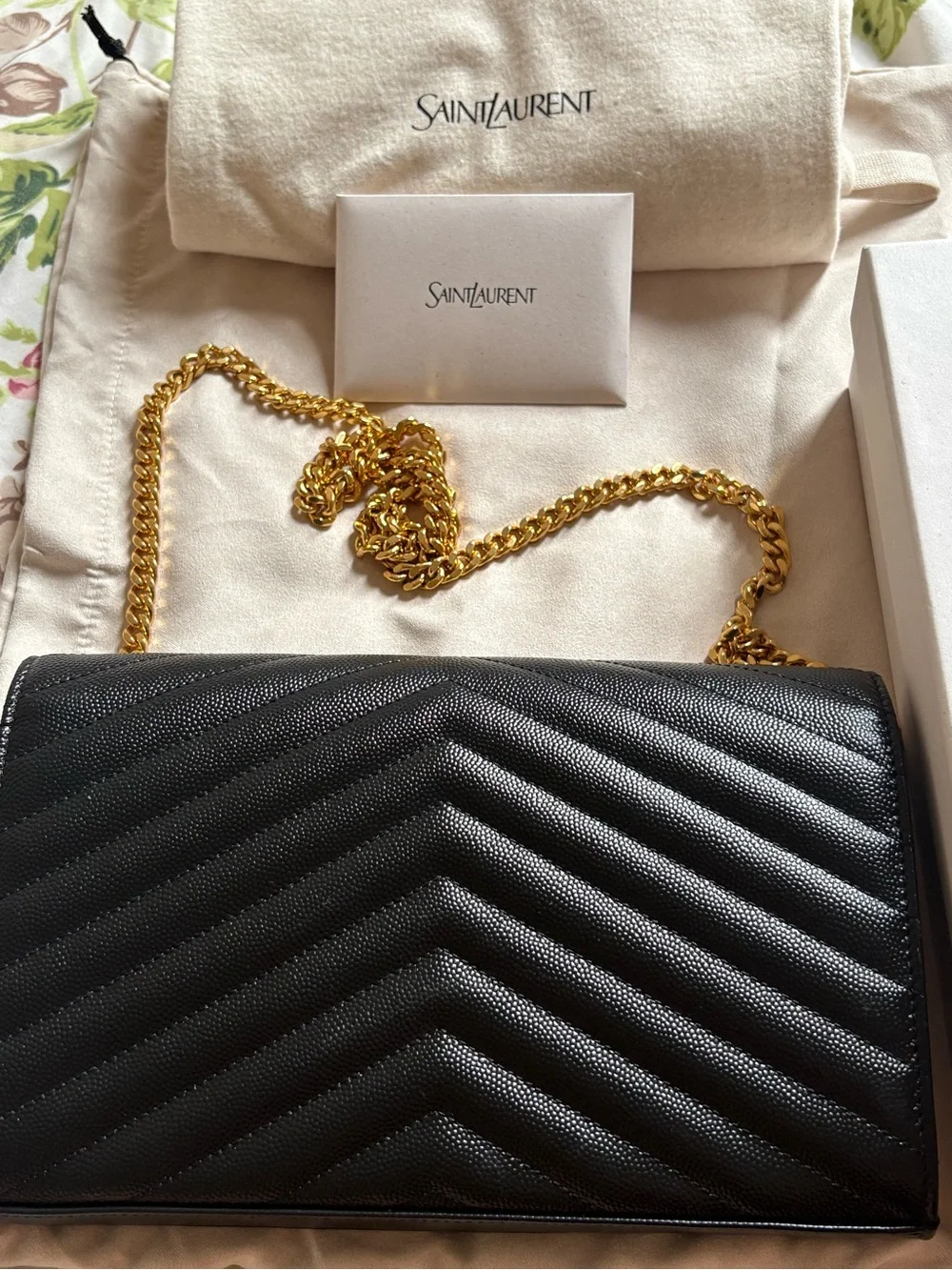 Saint Laurent Black Quilted Leather Crossbody with Gold YSL Chain